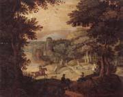 unknow artist a wooded landscape with a hunting party at the edge of a lake,a castle beyond Spain oil painting artist